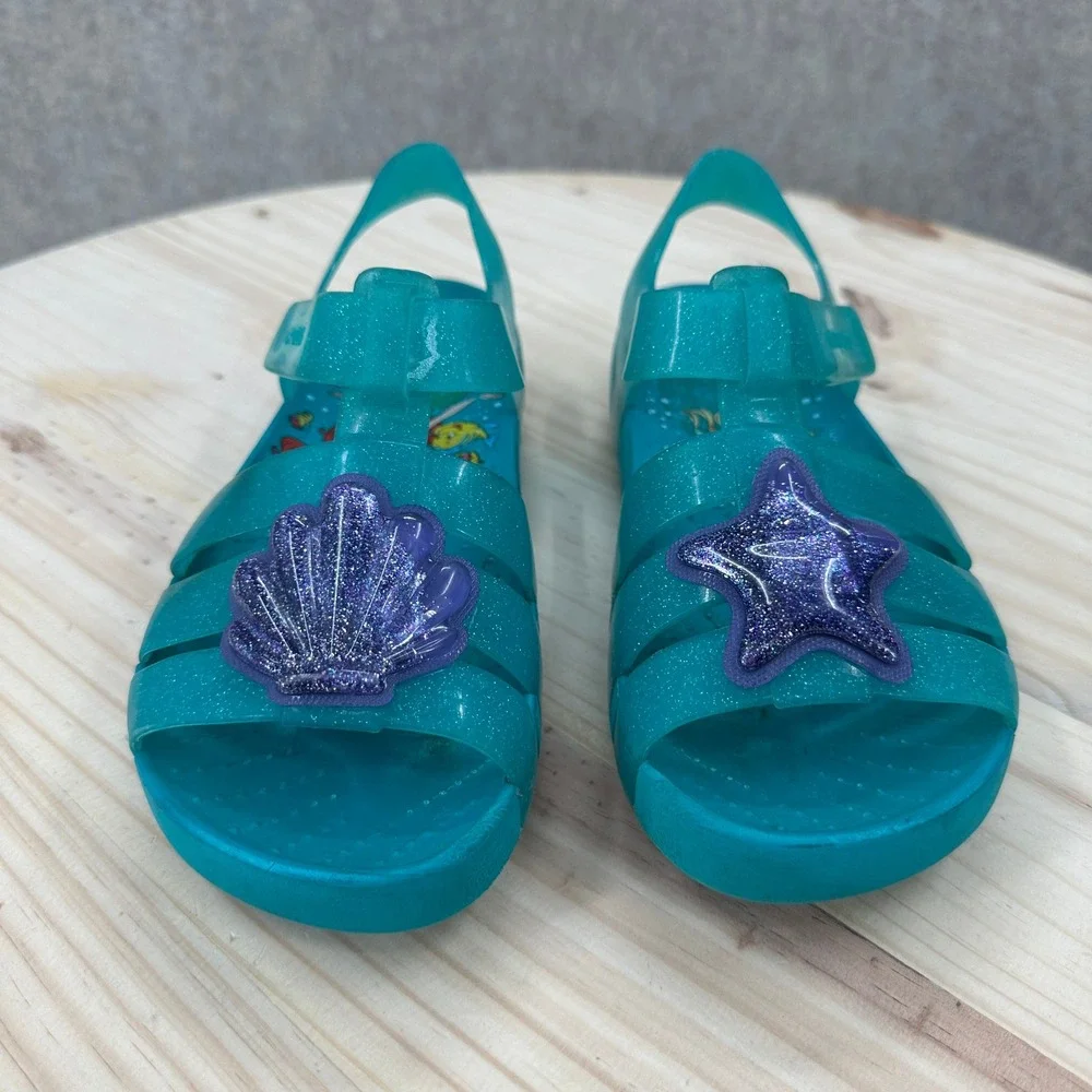 Crocs Isabella Sandals Girls Size J3 Teal Little Mermaid Ariel Glitter Jelly